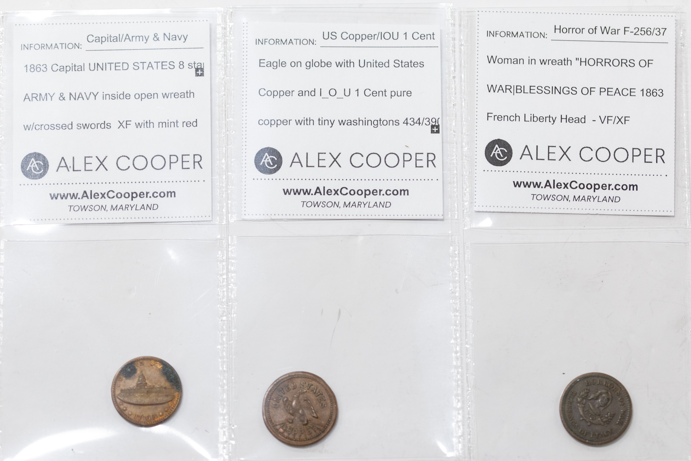 Appraisal: THREE CIVIL WAR TOKENS CAPITAL IOU HORRORS OF WAR Horrors