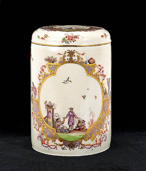 Appraisal: A Meissen porcelain covered tankard circa Centering chinoiserie scene in