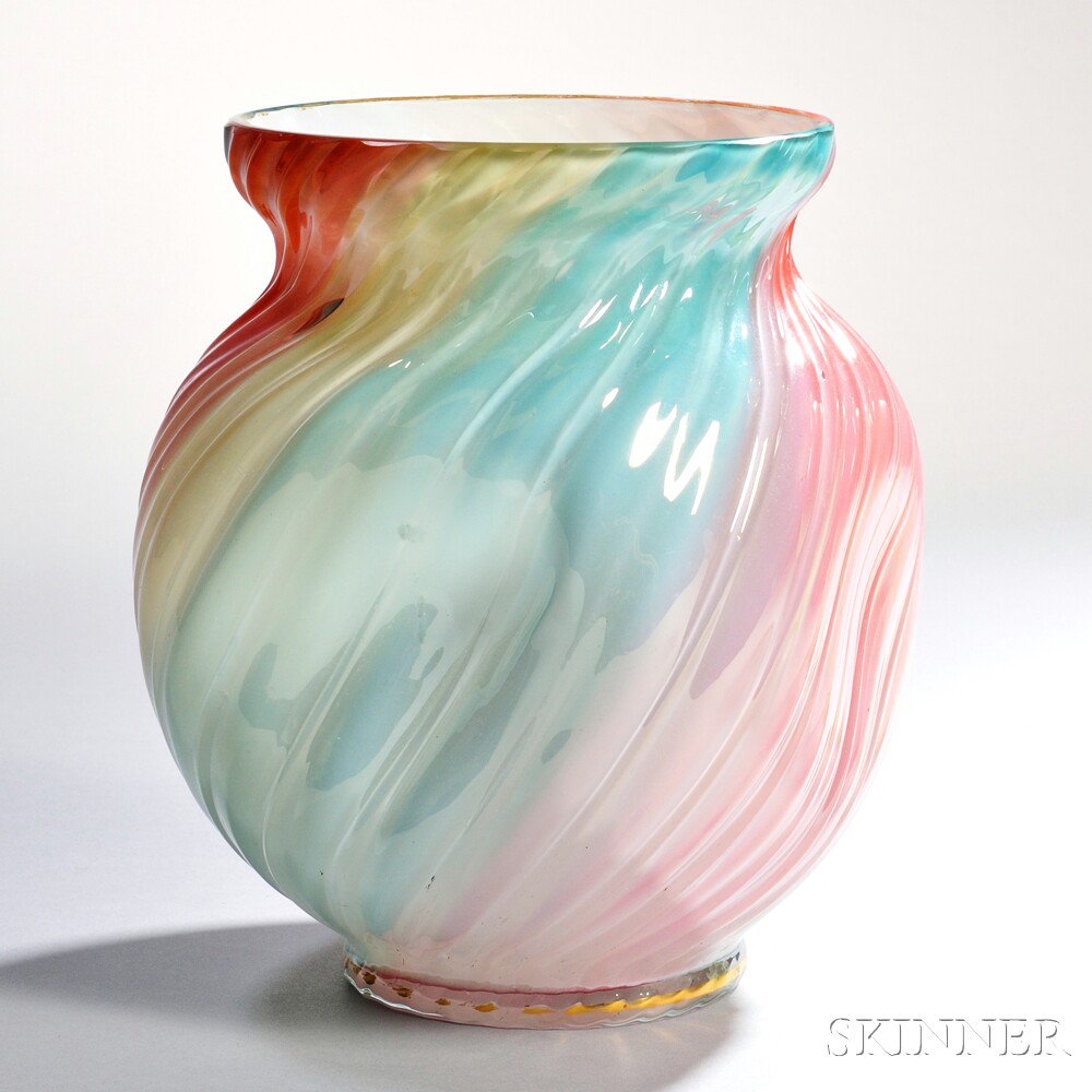 Appraisal: Loetz Rainbow Glass Vase Bohemia c square sides dimpled body