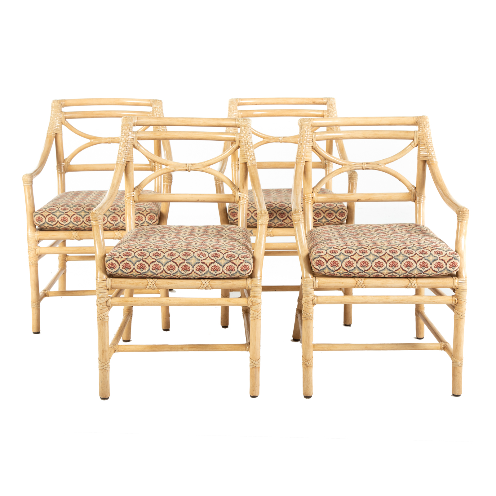 Appraisal: SET OF FOUR MCGUIRE RATTAN ARM CHAIRS th century with