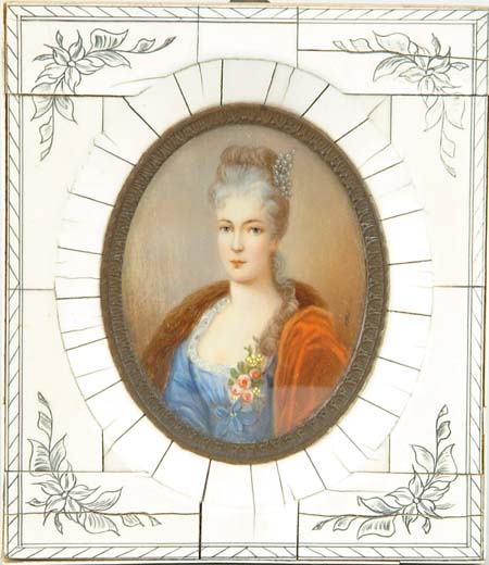 Appraisal: MINIATURE PORTRAIT OF A WOMAN ON IVORY Signed Elegant lady