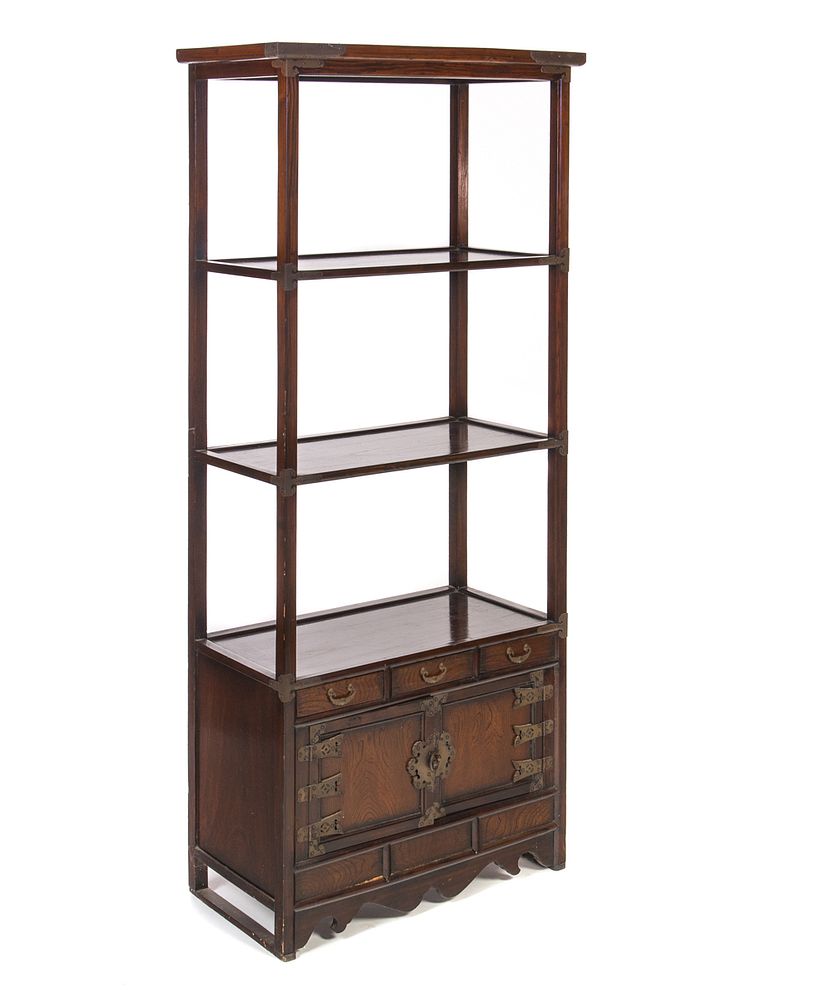 Appraisal: Oriental Rosewood Shelf with Brass Mounted Cabinet Base Oriental shelves