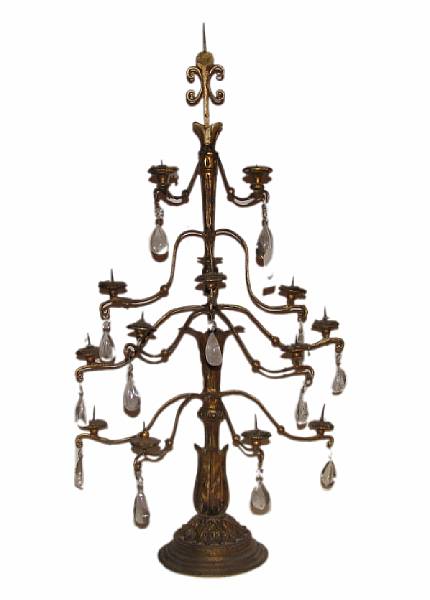 Appraisal: An Italian style giltwood thirteen light candelabra with rock crystal