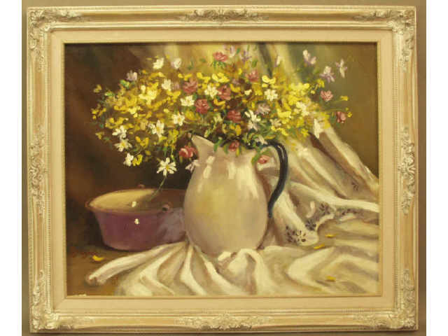 Appraisal: Oil on canvas painting of a pot with floral bouquet