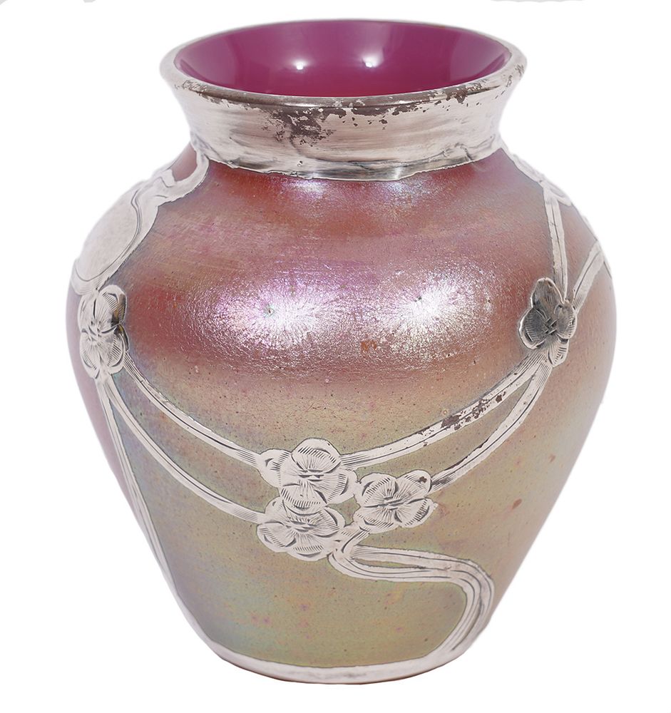 Appraisal: Iridescent Loetz Art Glase Vase w Silver Overlay Small Loetz