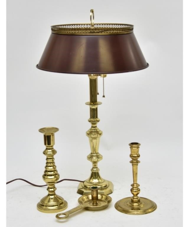 Appraisal: English brass adjustable candlestick lamp with tole shade h x