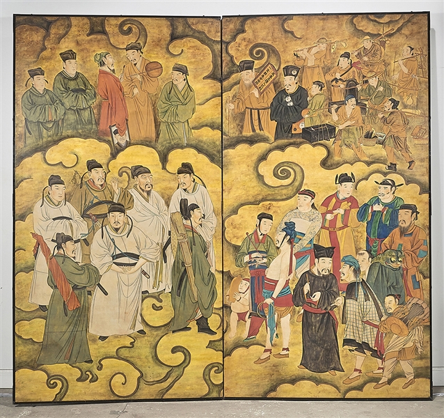 Appraisal: Chinese two-panel painted paper screen depicting numerous figures x approx