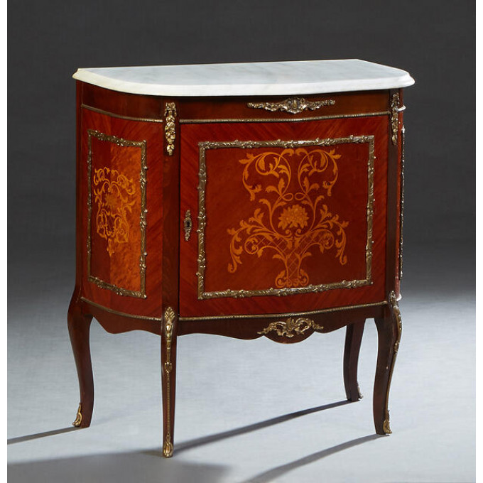 Appraisal: Louis XV Style Ormolu Mounted Marquetry Inlaid Mahogany Marble Top