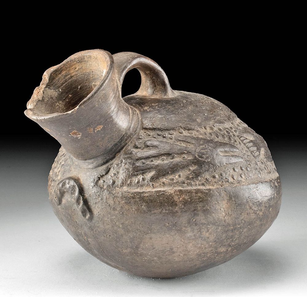 Appraisal: Chimu Blackware Pouring Vessel Birds and Fish Pre-Columbian North Coast