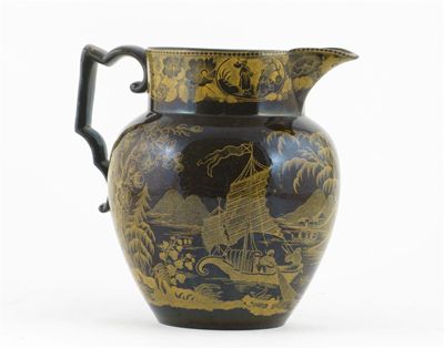 Appraisal: A brown-glazed pearlware jug printed in yellow with fishermen in