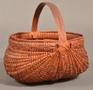 Appraisal: Pennsylvania th Century Woven Splint Oak Egg Basket Bentwood handle