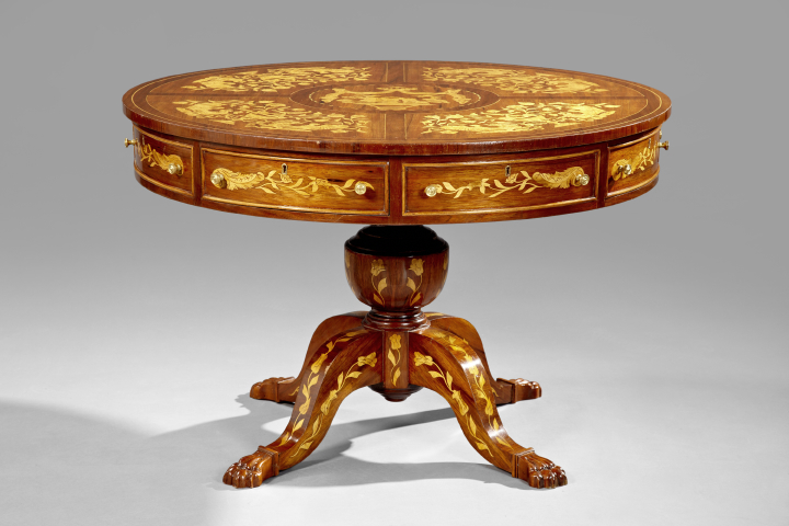 Appraisal: Dutch-Style Marquetry-Inlaid Center Table of circular drum form the top