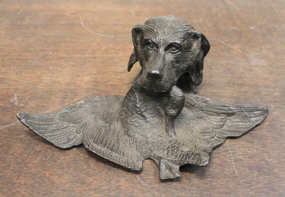 Appraisal: VINTAGE BRONZE INKWELL having a retriever dog holding a duck