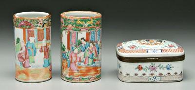 Appraisal: Three pieces Chinese export porcelain famille rose lidded armorial box