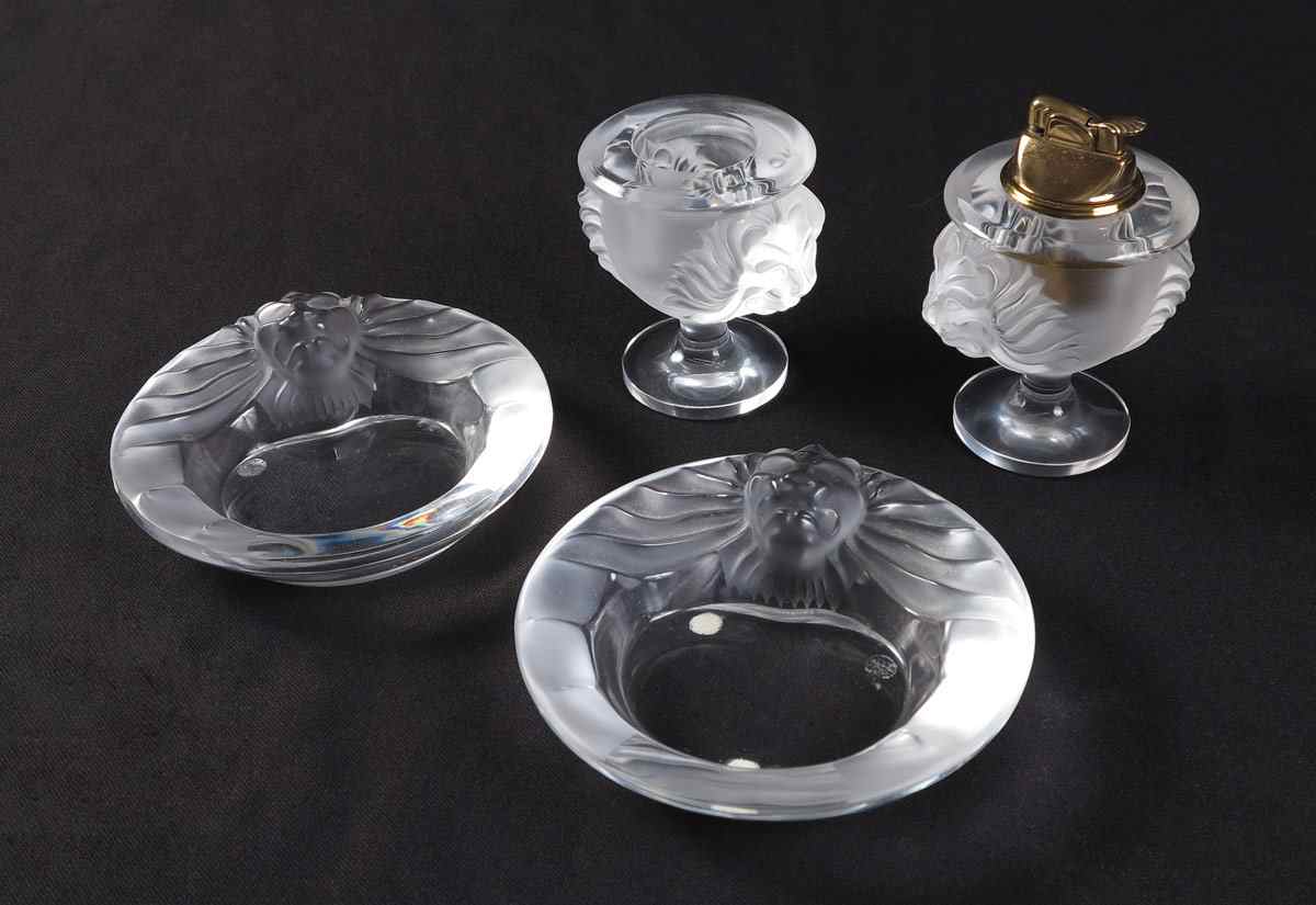 Appraisal: LALIQUE LION HEAD TABLETOP SMOKING ITEMS pieces total to include