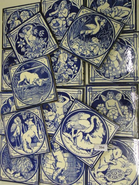 Appraisal: A set of seventeen Minton blue printed tiles after Moyr