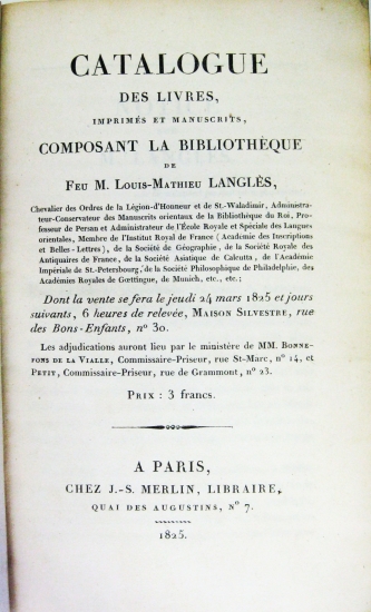 Appraisal: LANGL S LOUIS-MATHIEU Catalogue des Livres Imprim s et Manuscrits