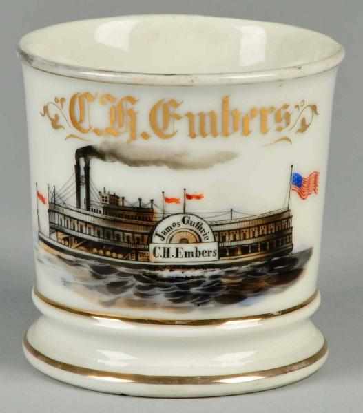 Appraisal: Paddlewheel Steamer Shaving Mug Description Gilt name C H Embers