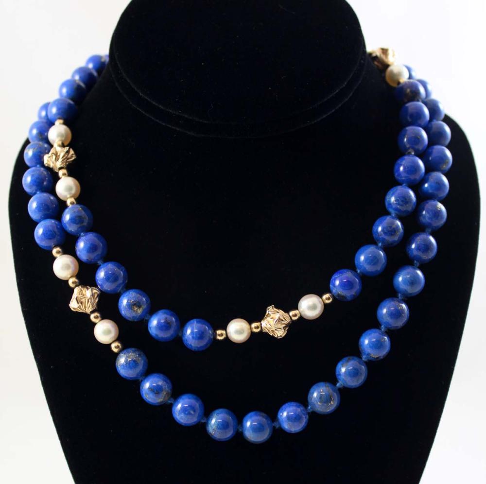 Appraisal: LAPIS PEARL AND FOURTEEN KARAT GOLD NECKLACE The - hand-knotted