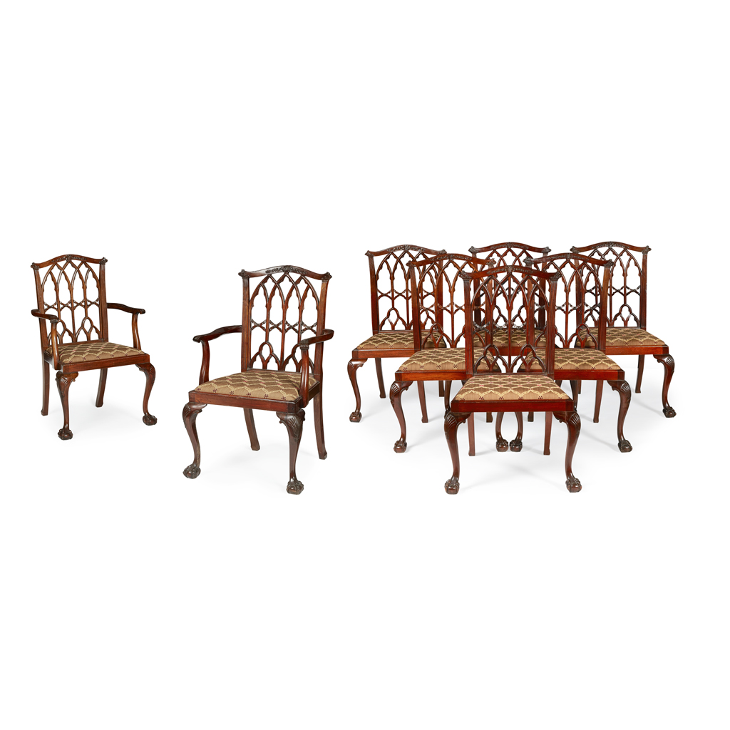 Appraisal: SET OF EIGHT IRISH MAHOGANY 'GOTHICK CHIPPENDALE' STYLE DINING CHAIRS