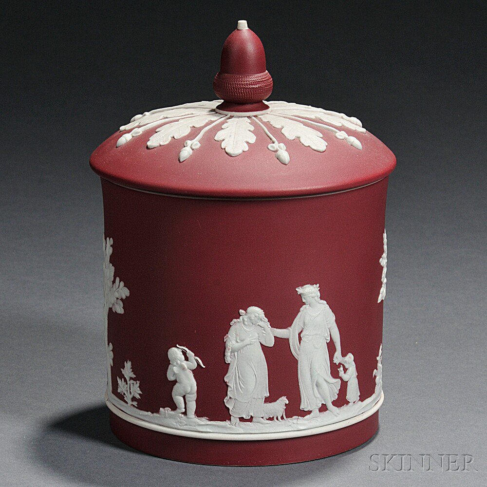 Appraisal: Wedgwood Crimson Jasper Dip Biscuit Jar and Cover England c