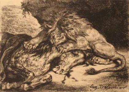 Appraisal: EUG NE DELACROIX french - LION D VORANT UNE CHEVAL