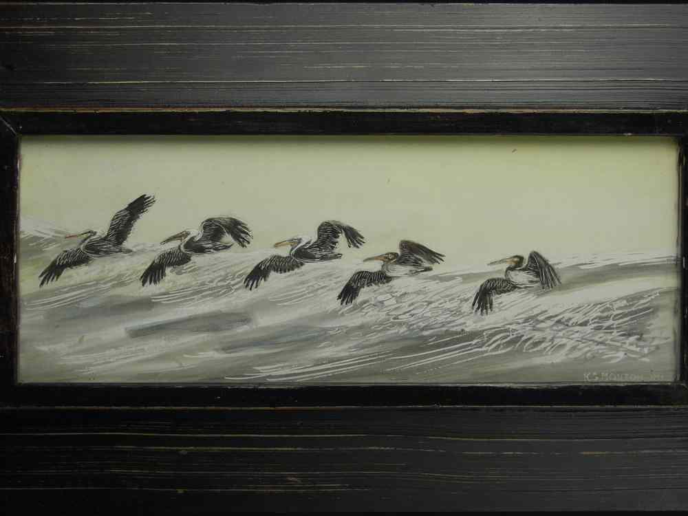 Appraisal: PAIR WATERCOLORS GOUACHE - Japanese style views of pelicans in