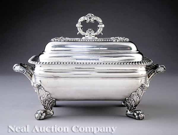 Appraisal: An Antique Sheffield Plate Soup Tureen th c rectangular body