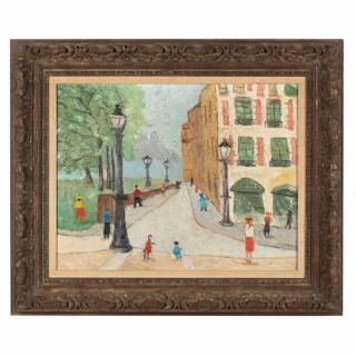 Appraisal: Mid Century Street Scene oil on canvas signed indiscernibly lower