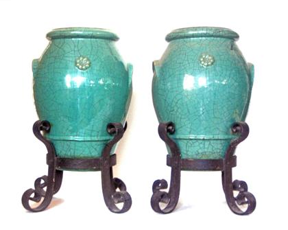 Appraisal: Pair of green glazed redware urns th century