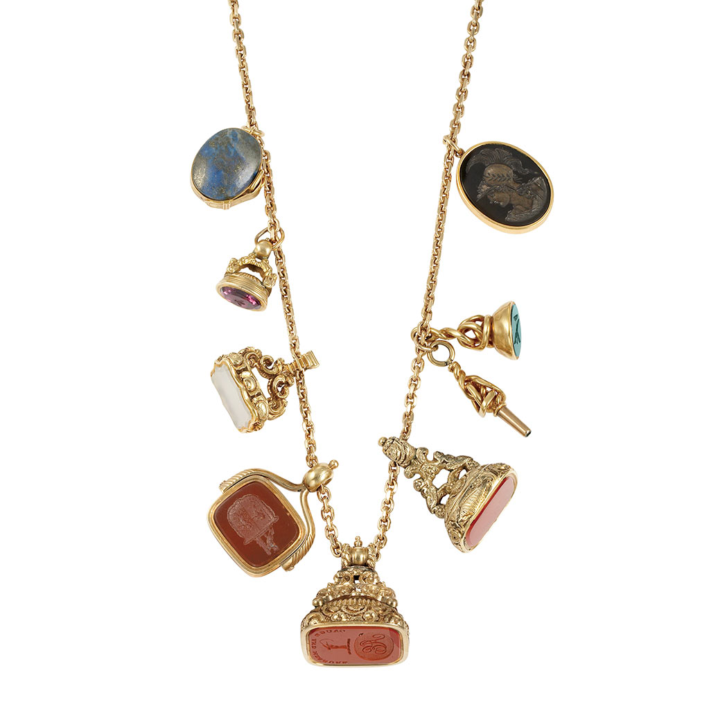 Appraisal: Gold Chain Necklace with Antique Gold and Hardstone Fobs and