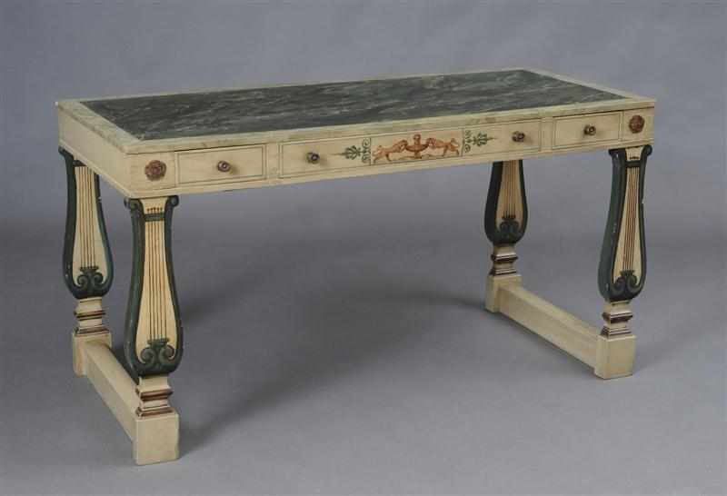 Appraisal: REGENCY STYLE PAINTED PIER TABLE The two-color green marbleized top