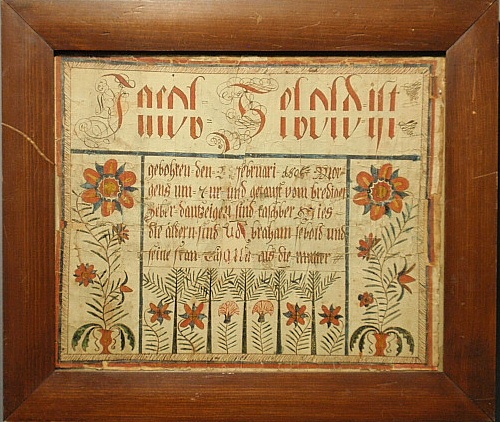 Appraisal: - Framed fraktur dated with colorful potted flowers x -