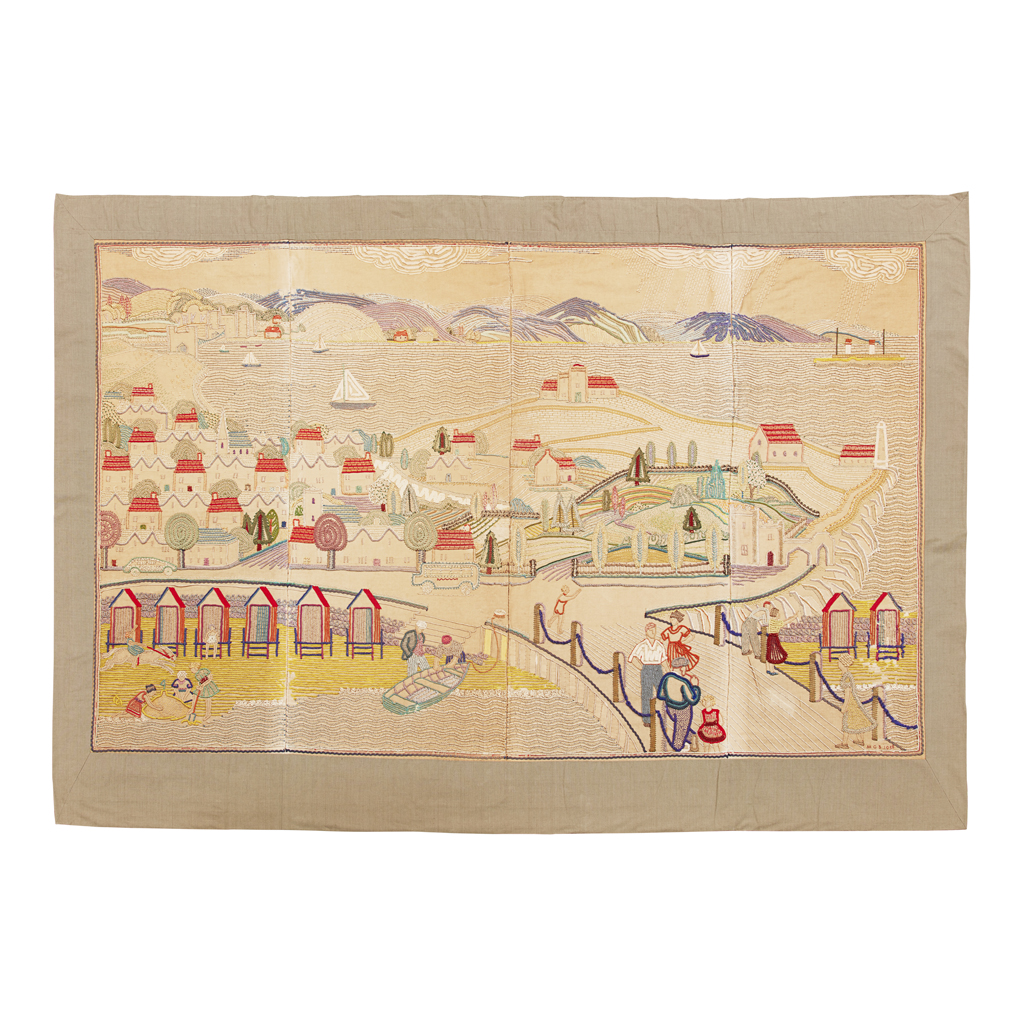 Appraisal: ENGLISH SCHOOL EMBROIDERED HANGING PANEL DATED depicting a landscape with