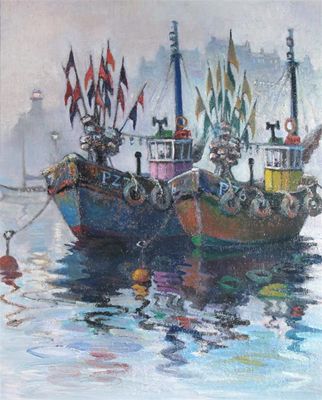 Appraisal: Ken Leech th Century Cornish Crabbers early evening Signed and