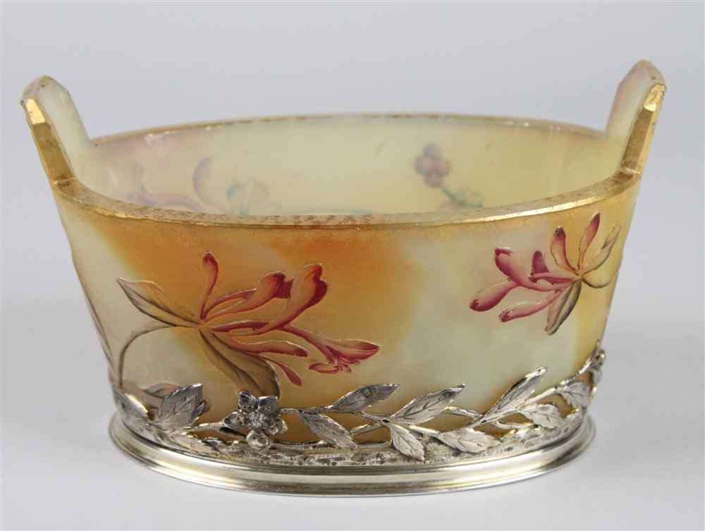 Appraisal: FRENCH SILVER MOUNTED OPALINE BASKET the silver with Minerva mark