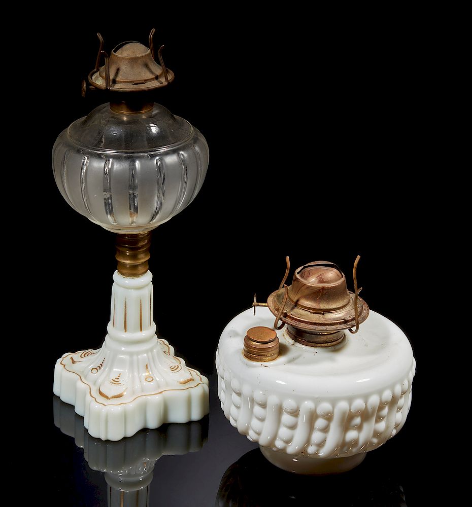 Appraisal: Two Oil Lamps Two milk glass oil lamps one with