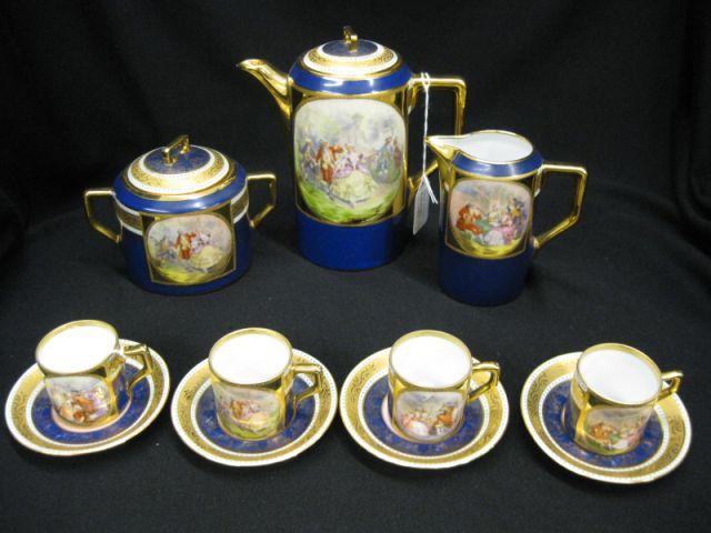 Appraisal: Czechoslovokia Porcelain Tea Set courting scenes on rich blue gold