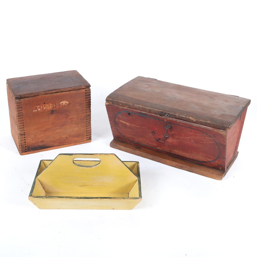 Appraisal: THREE VINTAGE WOOD BOXES RED PAINTED DOUGH BOX YELLOW AND