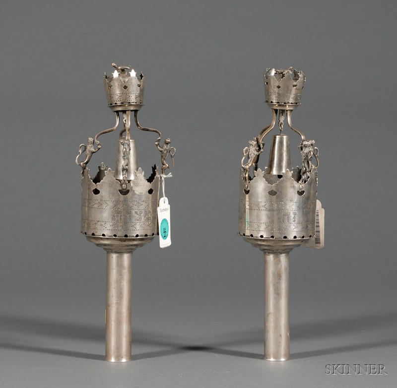 Appraisal: Pair of Polish-style Silver Torah Finials apparently unmarked cylindrical form