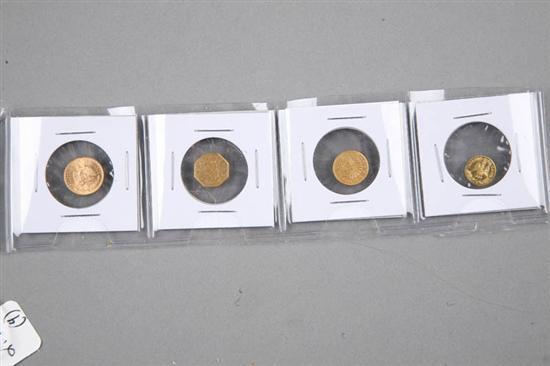 Appraisal: FOUR GOLD COINS Mexican two peso coin California Gold coin