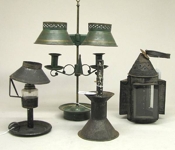 Appraisal: th century Comprising punched tin lantern with three glass windows