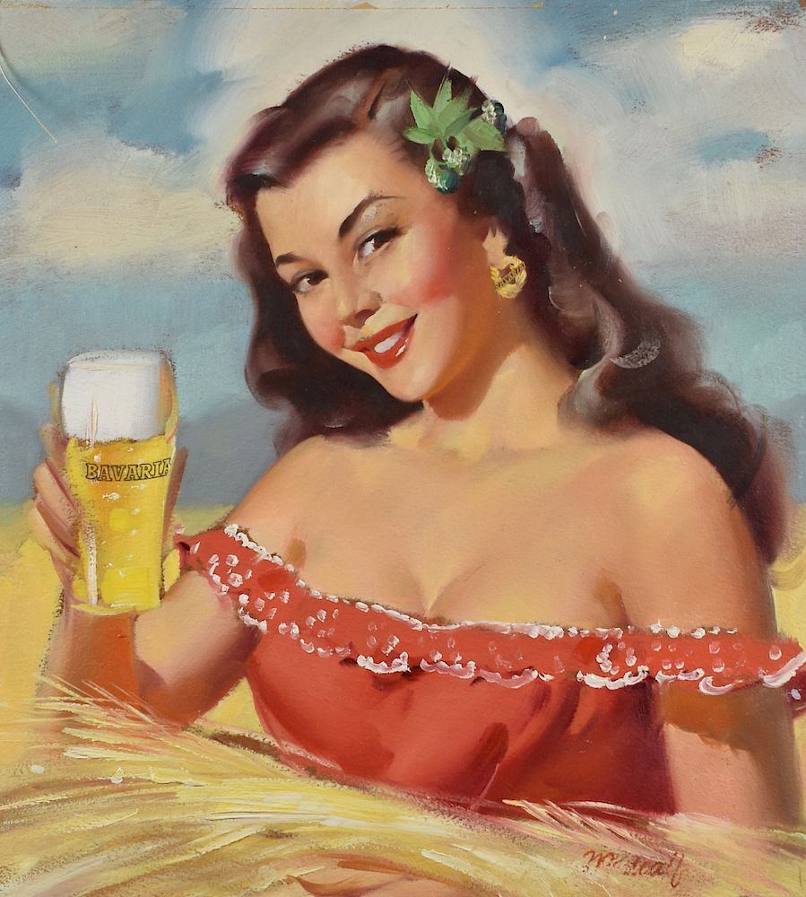 Appraisal: William Medcalf Pinup Painting Woman with Beer William Medcalf th