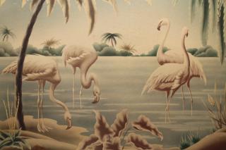 Appraisal: Signed Flamingo Gouache in mirrored frame Having Water Damage See