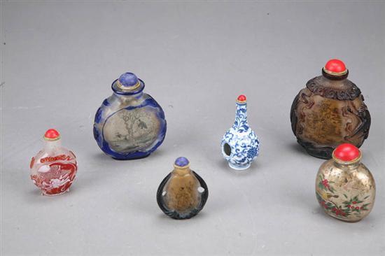 Appraisal: SIX SNUFF BOTTLES One porcelain one Peking glass five reverse