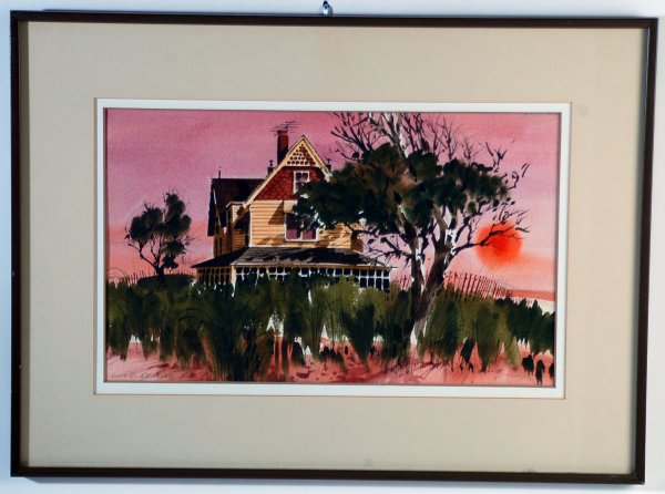 Appraisal: Watercolor on paper of a house at sunset entitled Cape