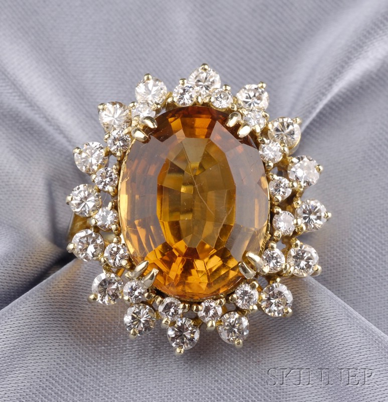 Appraisal: kt Gold Citrine and Diamond Ring set with a cushion-cut