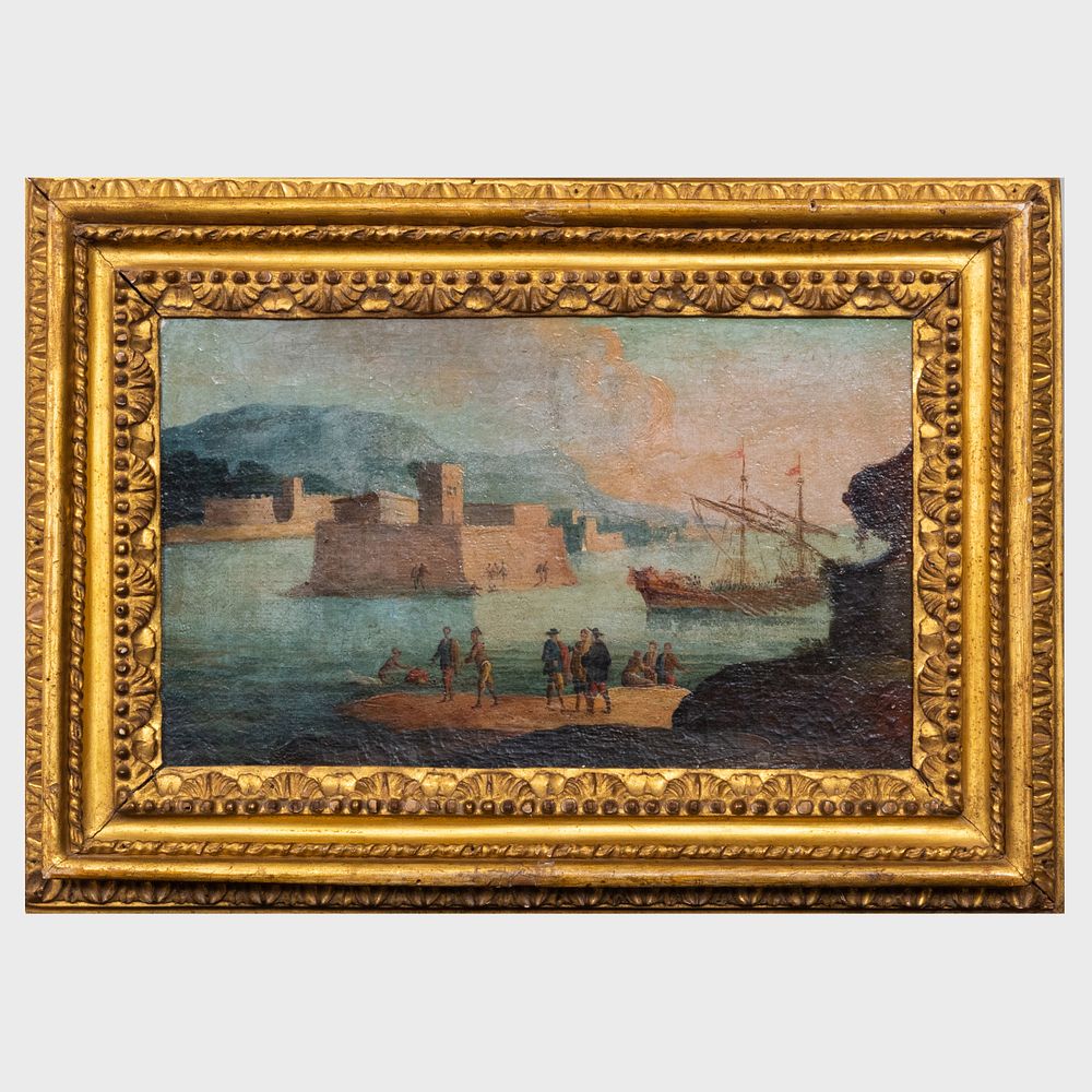 Appraisal: European School Port Scene Oil on canvas unsigned lined x