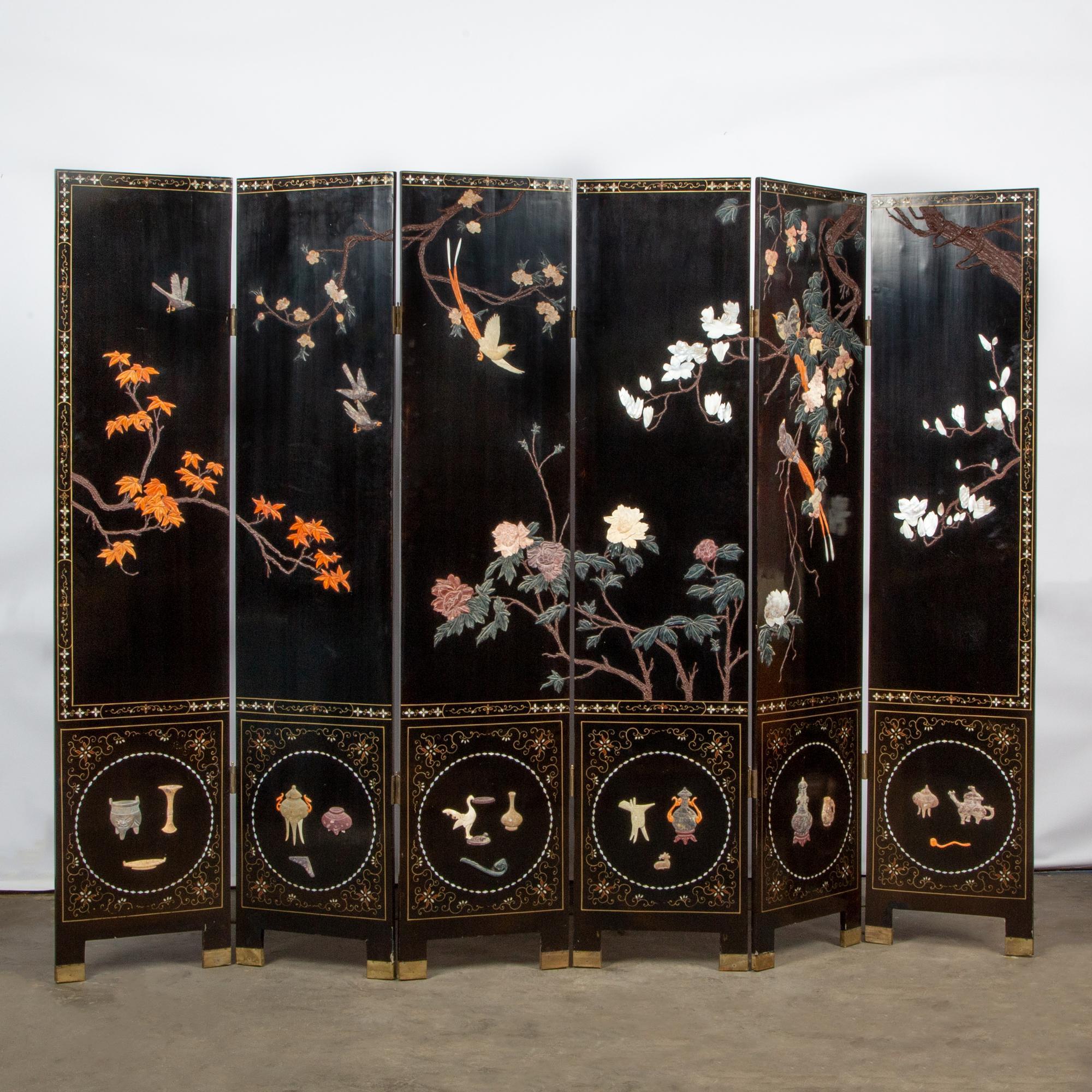 Appraisal: COROMANDEL SCREEN WITH HARDSTONE AND SHELL INLAY TH A Chinese