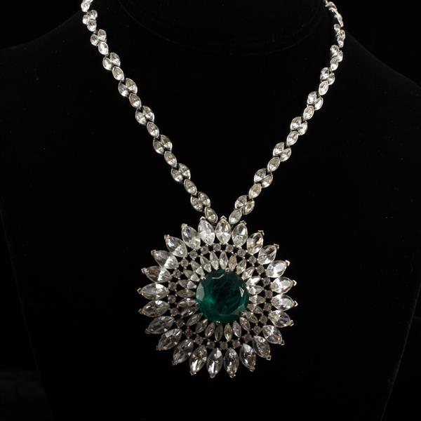 Appraisal: Trifari Silvertone Emerald Gripoix Jewel Rhinestone Pendant Necklace